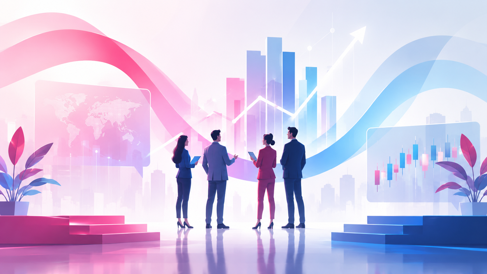 Quattro professionisti osservano grafici finanziari in crescita, in un ambiente moderno caratterizzato dai colori rosa e blu di My Twin Communication.