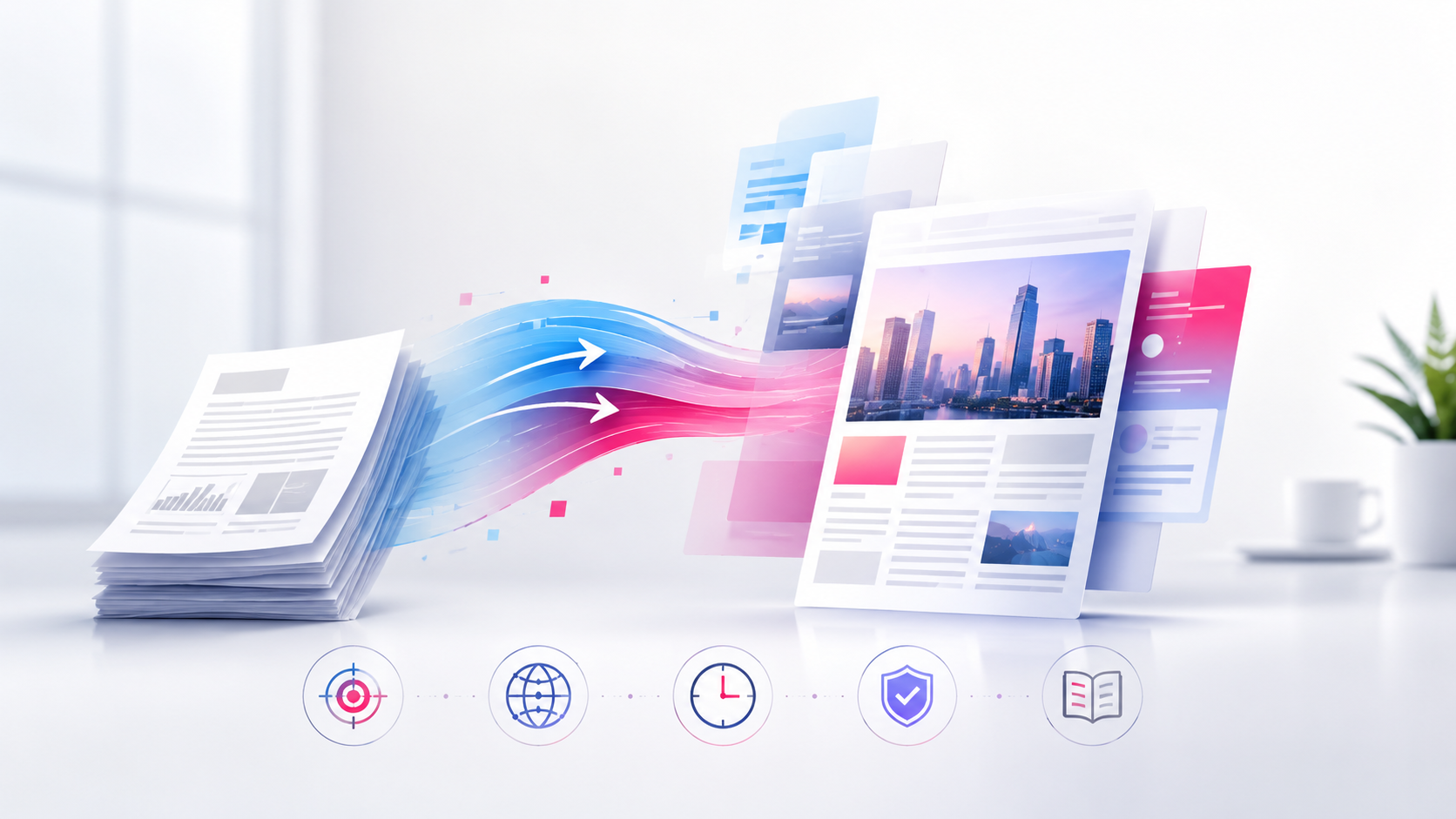 Illustrazione  che rappresenta il passaggio da informazioni e documenti aziendali a contenuti editoriali e notizie, attraverso un flusso visivo dinamico con simboli di rilevanza, contesto, timing, credibilità e leggibilità.
