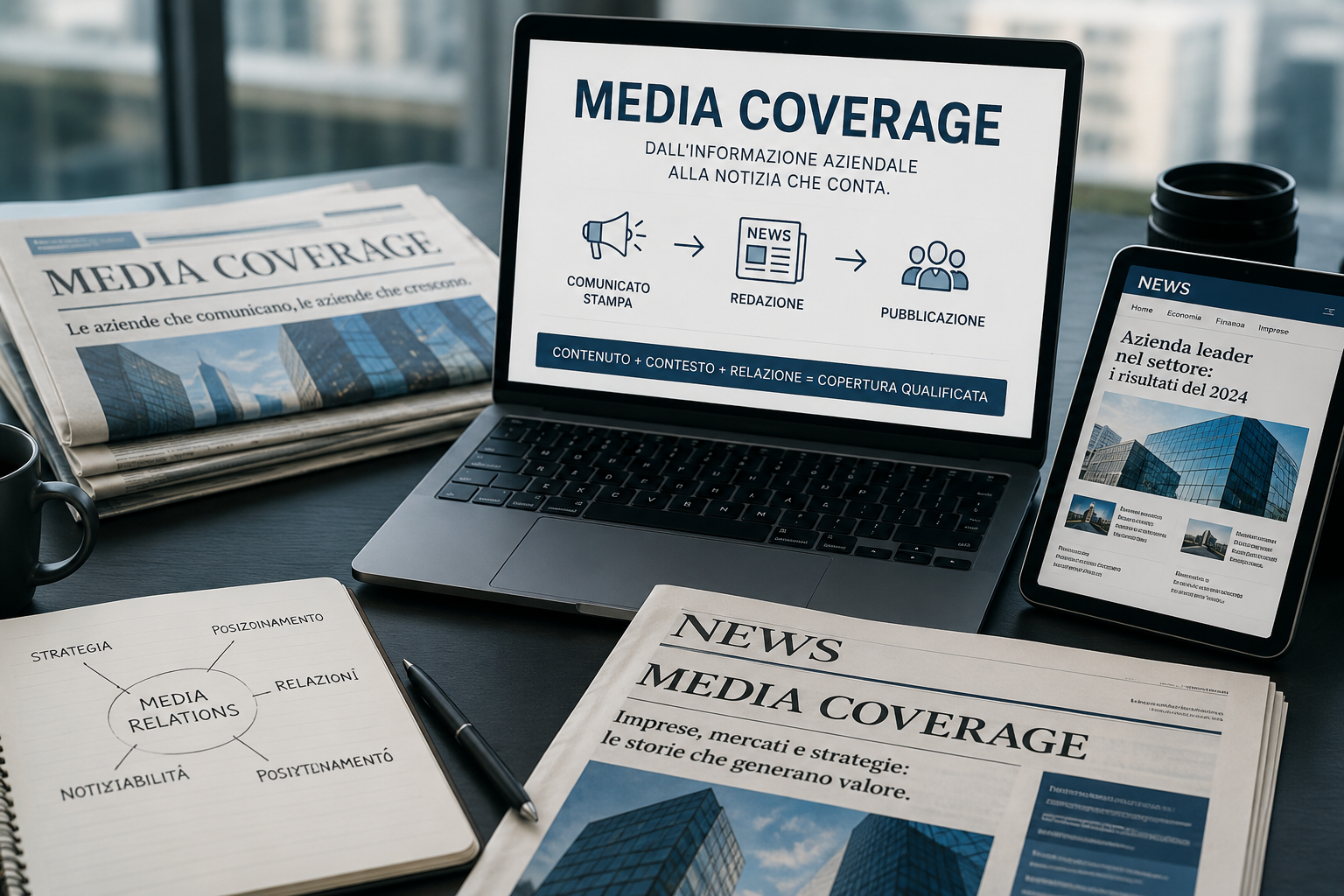Foto di copertina per un articolo sulla media coverage: una postazione professionale con laptop, tablet, quotidiani e appunti dedicati alle media relations, che rappresenta il passaggio strategico dal comunicato stampa alla pubblicazione sui media attraverso contenuto, contesto e relazione.